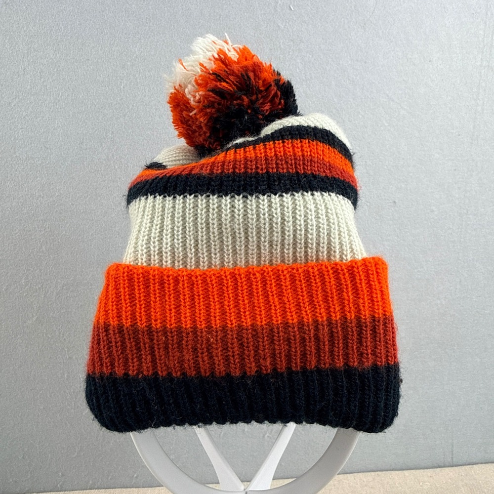 Vintage Wigwam Ski Hat Beanie Pom Pom Striped Orange Black USA Retro